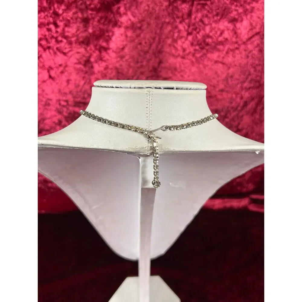 Vintage Collar Choker Necklace Silver Tone Metal Drop Pendant Rhinestones 16.5” - Picture 4 of 5